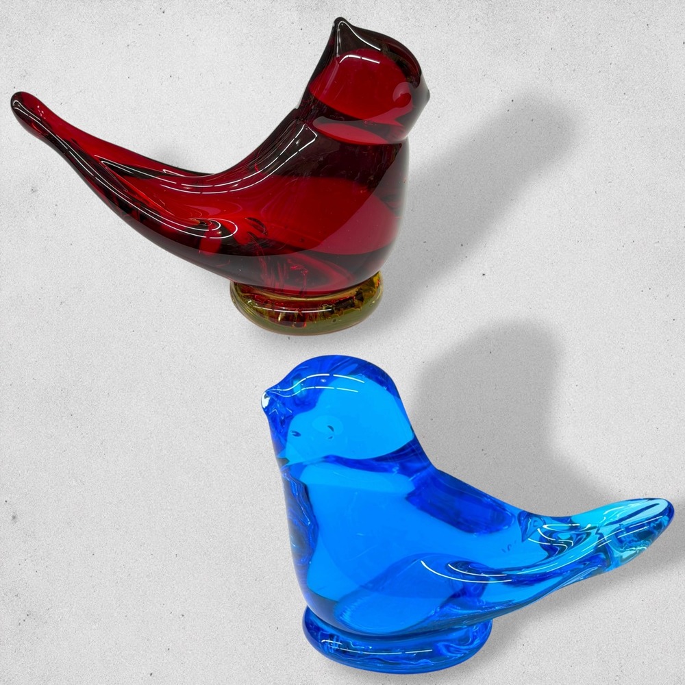 R‎ Trumbull Bluebird W Ward Cardinal Art Glass Birds Pair Signed 1986 Cobalt Red